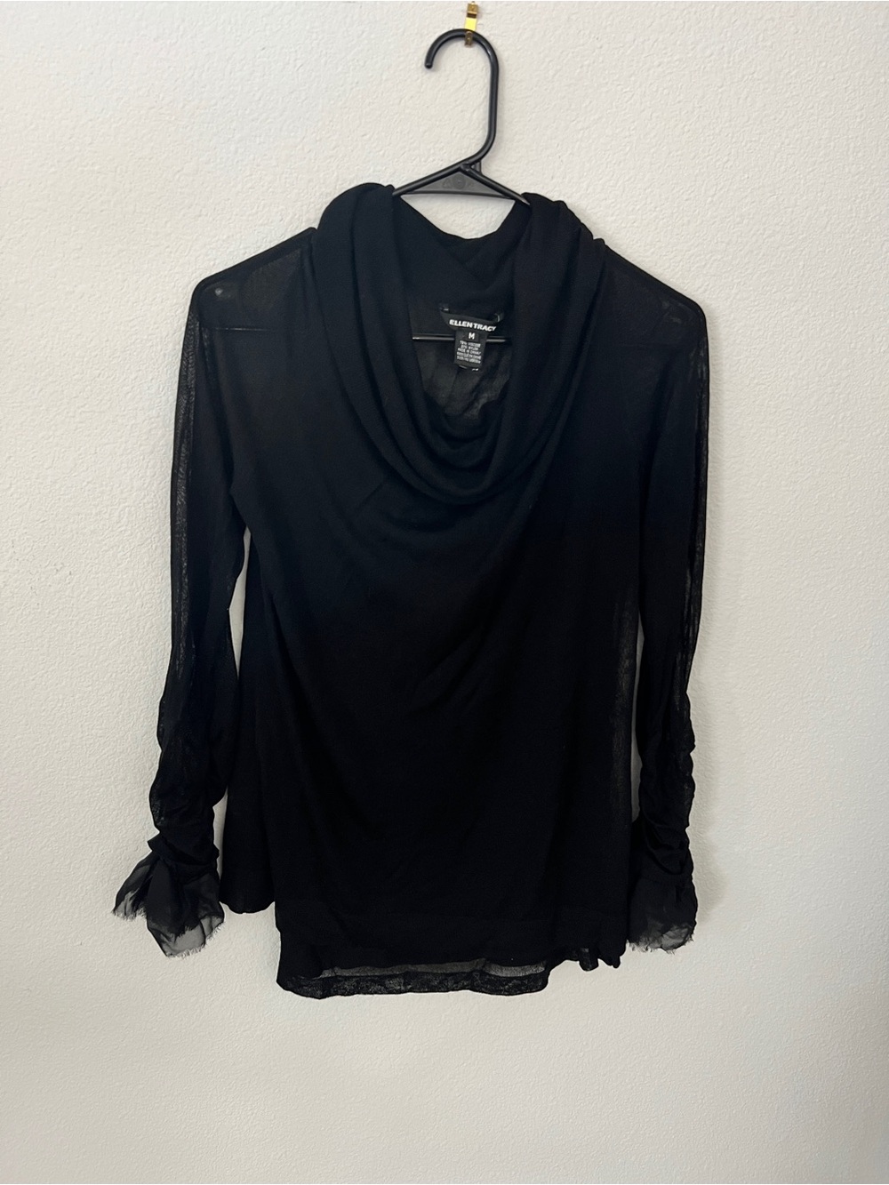 Ellen Tracy Black Cowl Neck Top M Sheer Ruched Sleeve Chiffon Ruffle Y2K